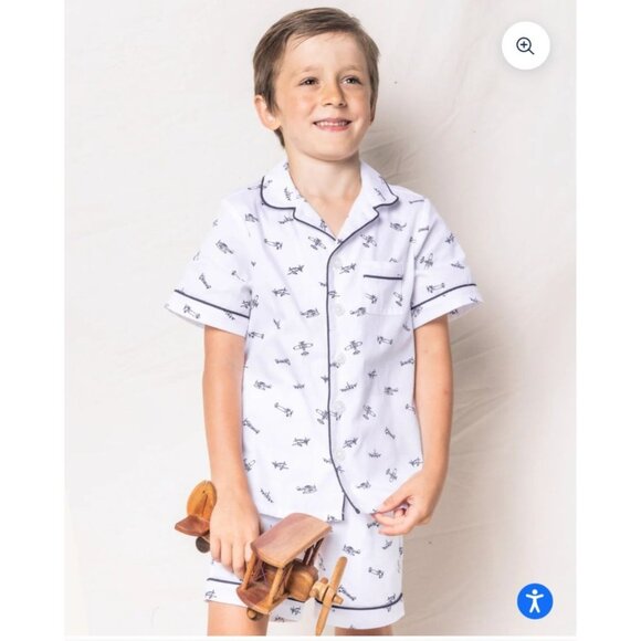 Petite Plume Kids Airplane Print Pajama Set Short Sleeve Button-Up 50% Cotton & - Picture 2 of 13